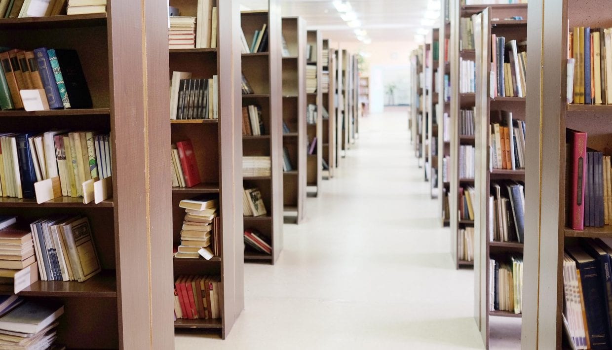 library setting with books and reading material