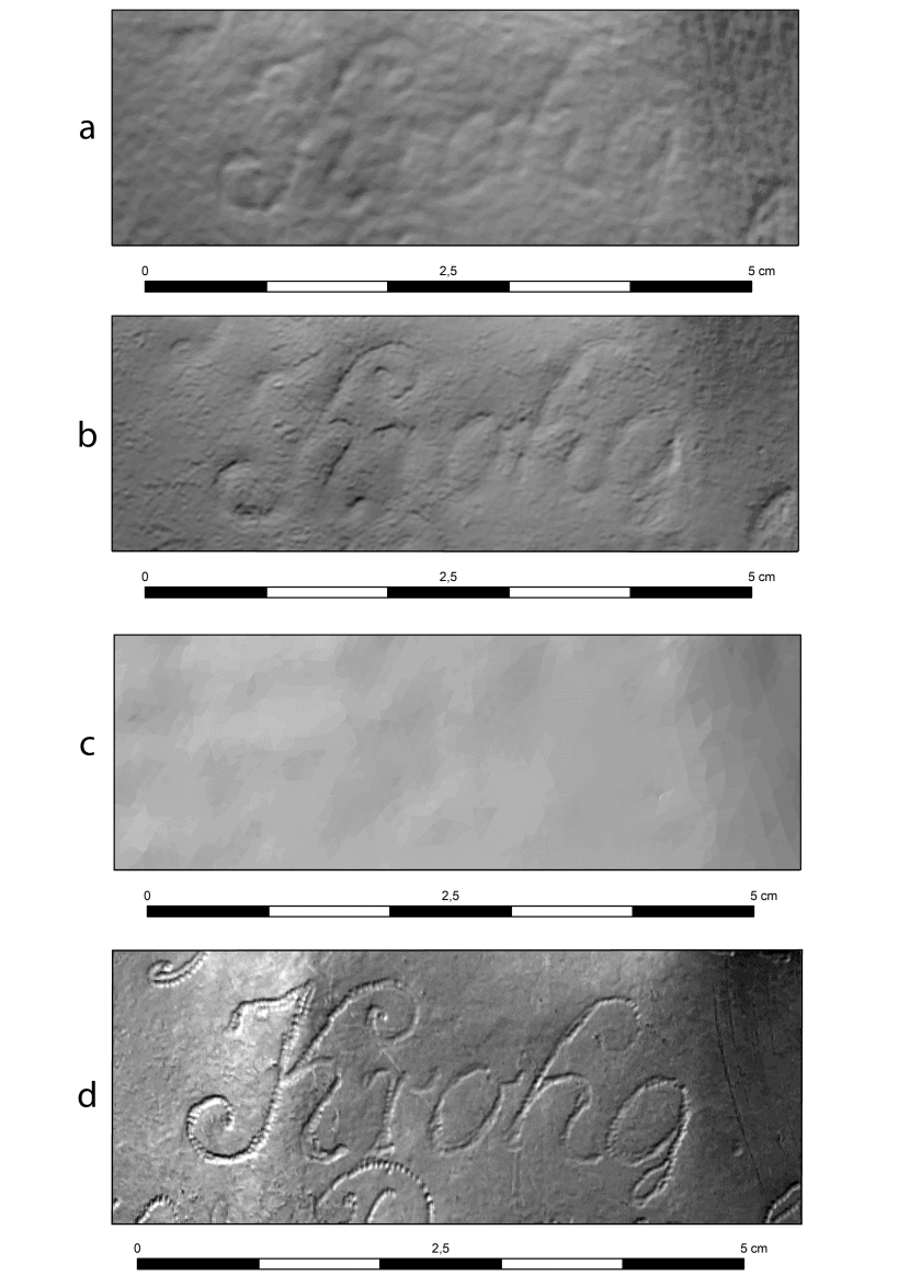 Detalj fra gravplaketten, med avdødes navn: a) Fotogrammetri, Photoscan; b) Fotogrammetri, RealityCapture; c) Laserscanning; d) RTI. Figur: Dag-Øyvind Solem og Erich Nau