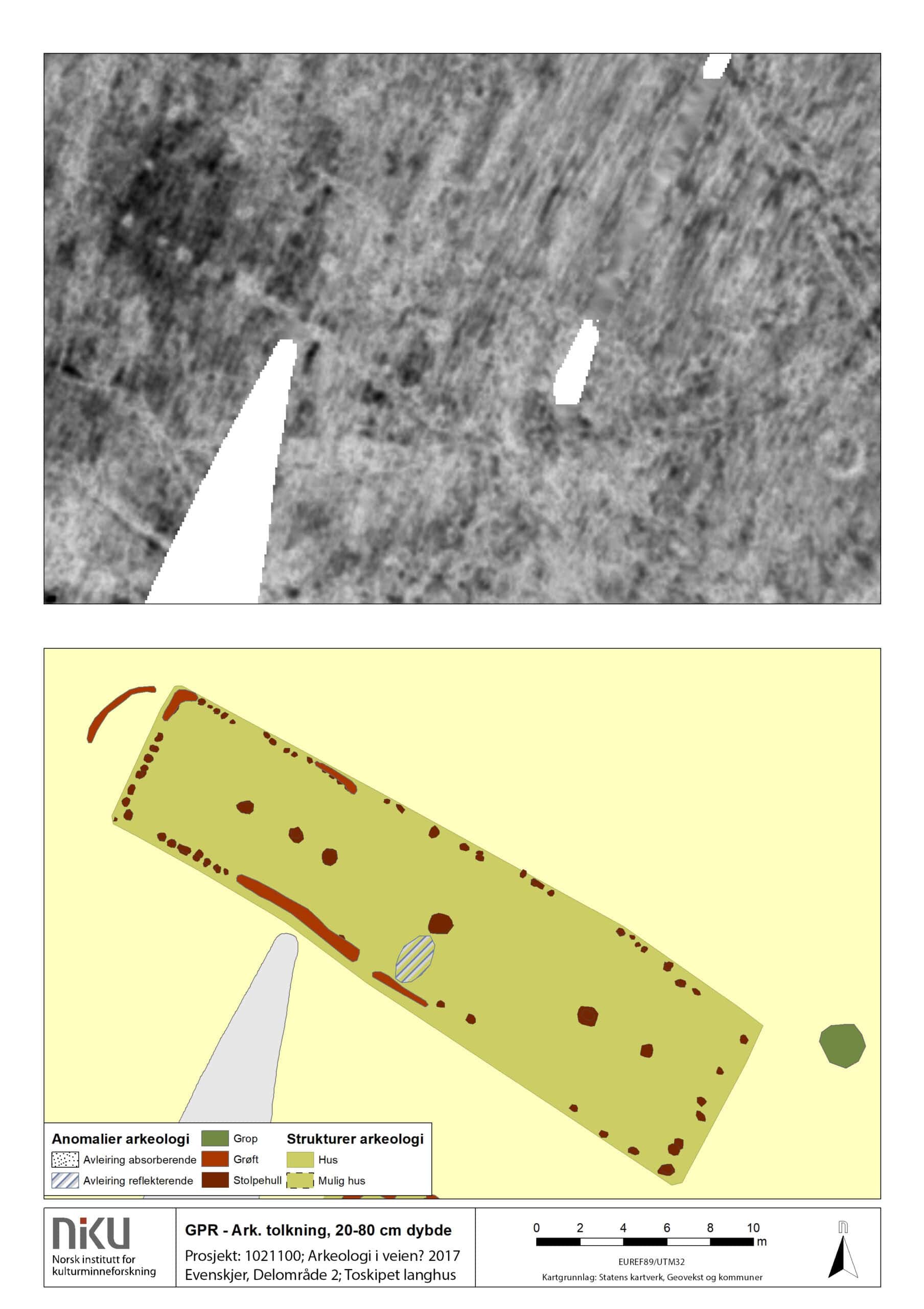 GPR dybdeskiver og arkeologisk tolkning av et to-skipet langhus på Evenskjer. Foto: Manuel Gabler, NIKU