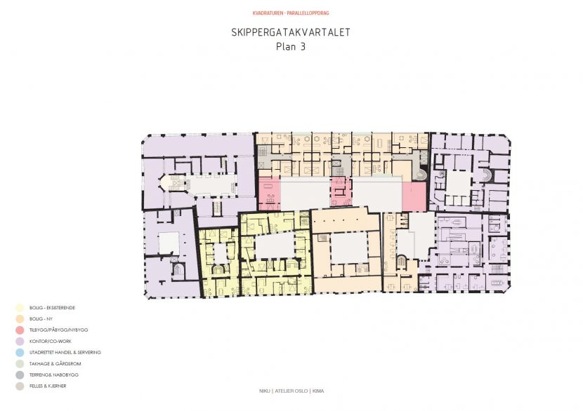 Plan boligpotensial Skippergatekvartalet, som har stor andel av typologi 1. Forslag: omforming av tidligere kontorer fra 1960-tallet til bolig, inspirert av kvartalets bygårdstypologi. Vekt på skjerming offentlig/privat – portrom/indre gårdsrom tilhører boligfunksjon både lys- og lydmessig.