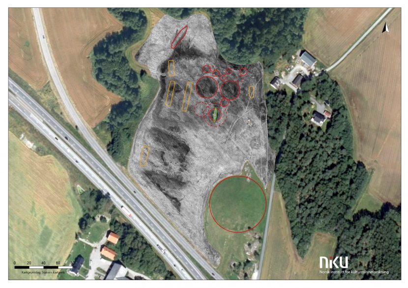 En georadar har avdekket spor av et vikingskip og en rekke gravhauger og hus fra jernalder ved Jellhaugen i Halden kommune.