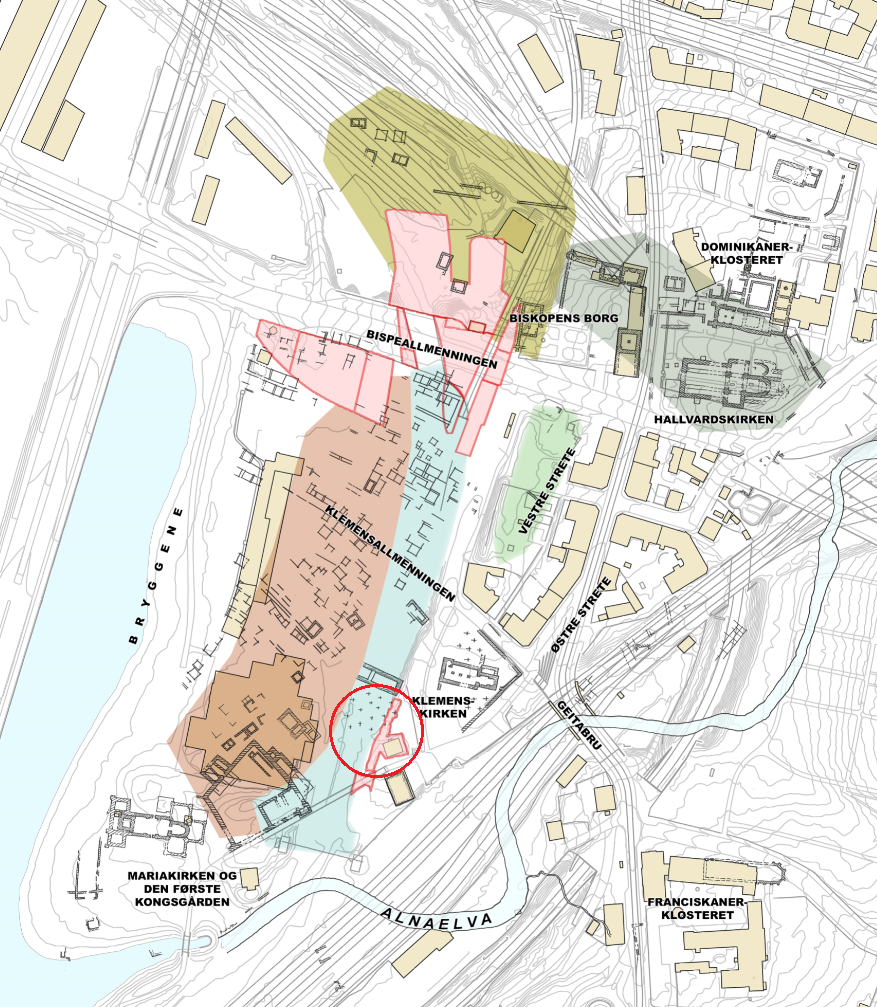 Kart over utgravde strukturer i middelalderbyen Oslo