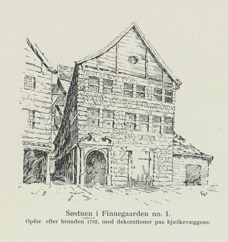 utvendig dekor på Vestfasadene på Bryggens bygninger er omtalt og illustrert av Christian Koren-Wiberg fra 1899