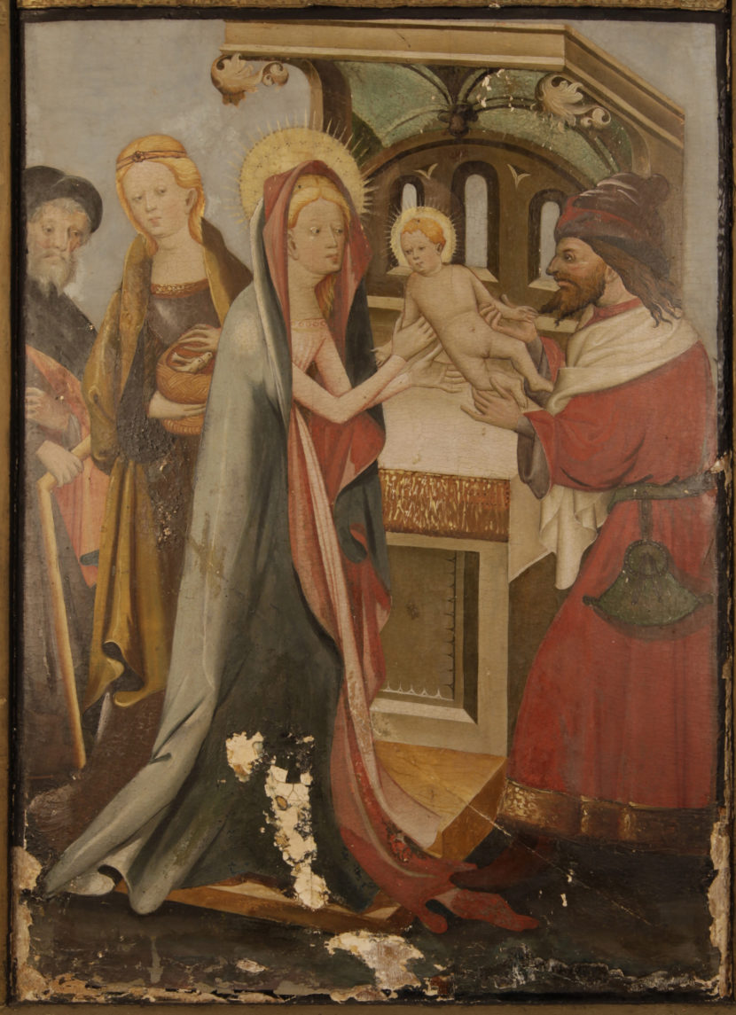 Helopptak i vanlig lys av 1400-talls-maleriet på nedre halvpart av fløydørens «fremside».