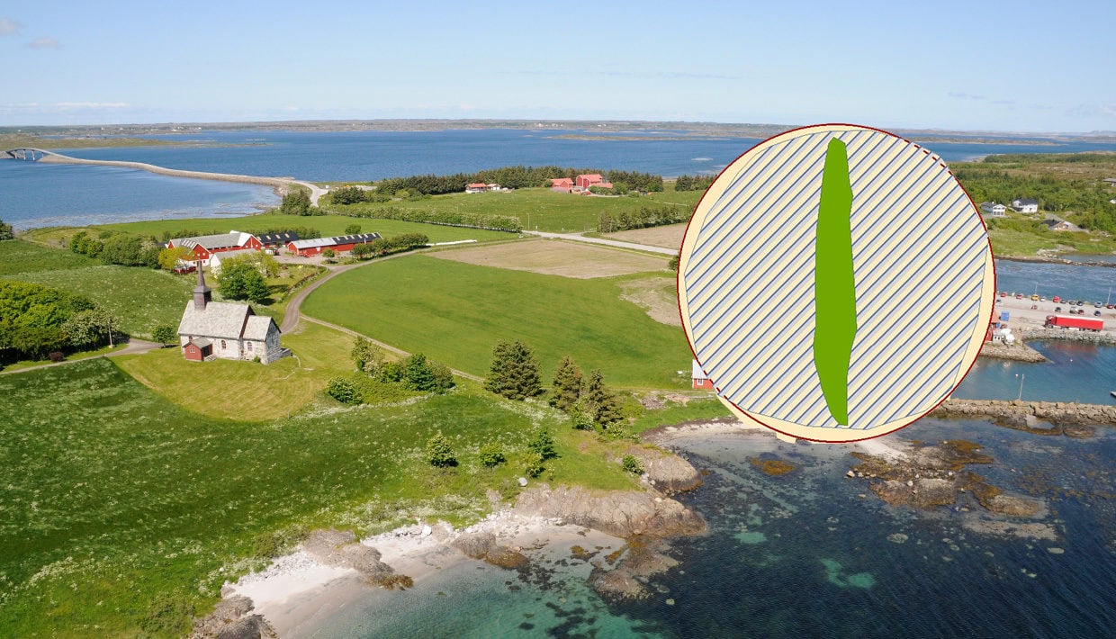 Maktsenteret på Edøy? Det var i området rett til høyre for Edøy gamle kirke at den overpløyde viste seg i georadardatene. Foto: Svein Junge. Illustrasjon, Manuel Gabler, NIKU