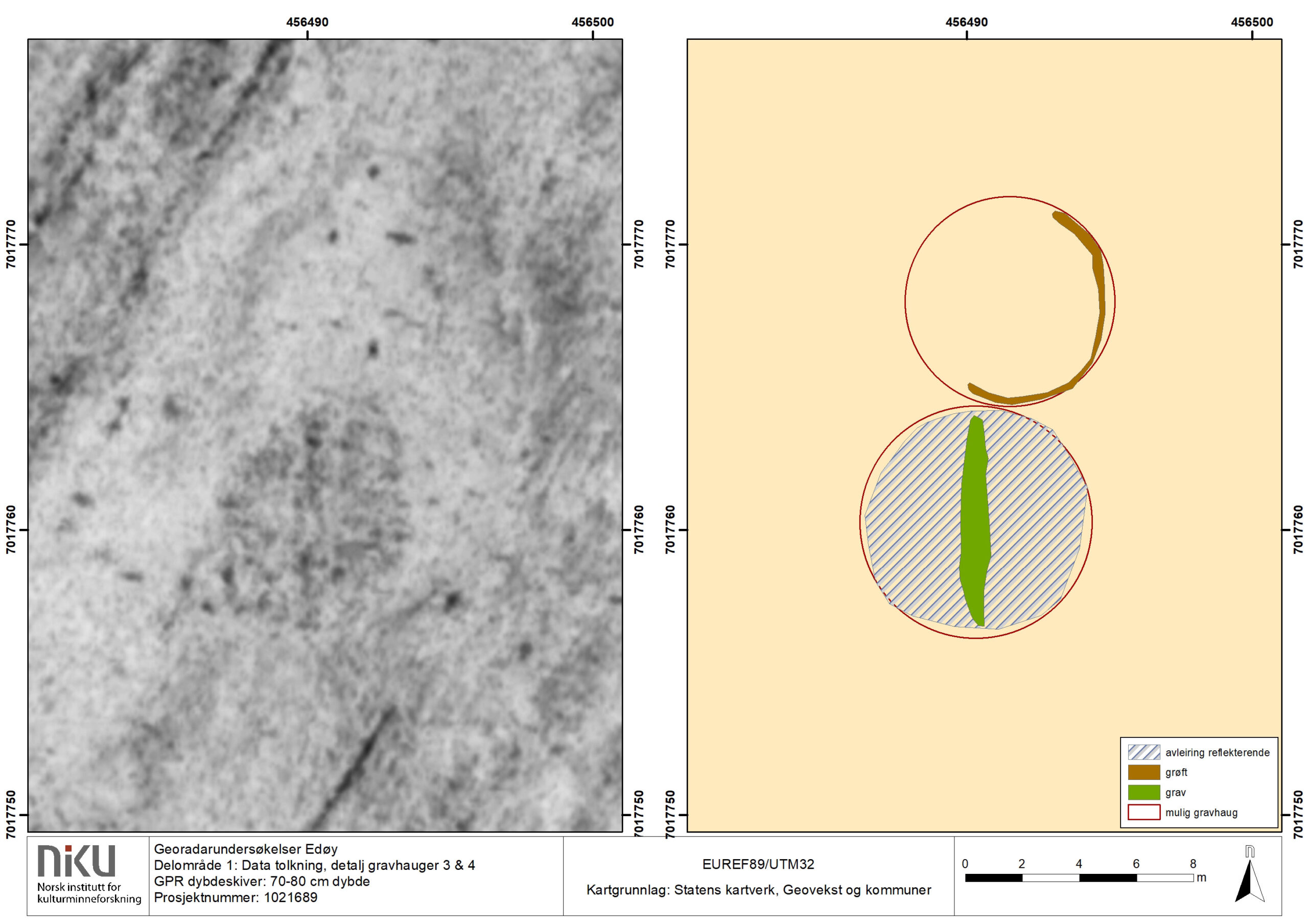 Båtgraven slik den fremkommer i georadardataene til venstre, og illustrert til høyre. Illustrasjon, Manuel Gabler, NIKU