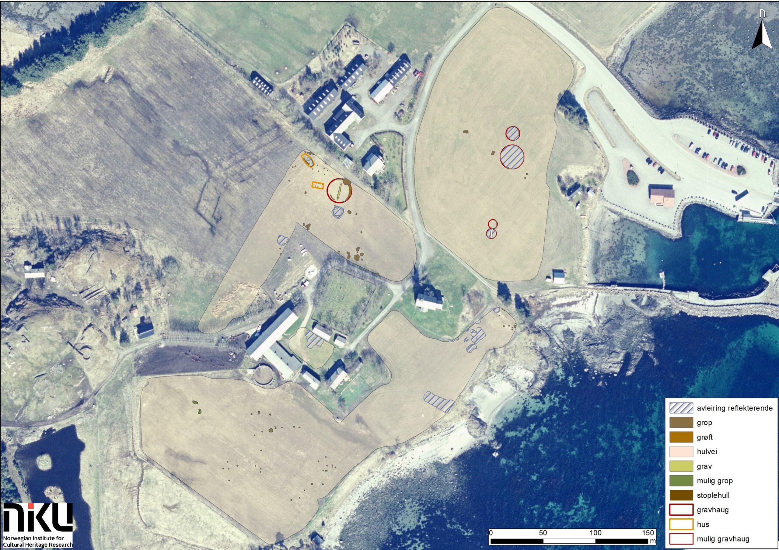 Oversikt over er funn gjort med georaradar på Edøy i 2019