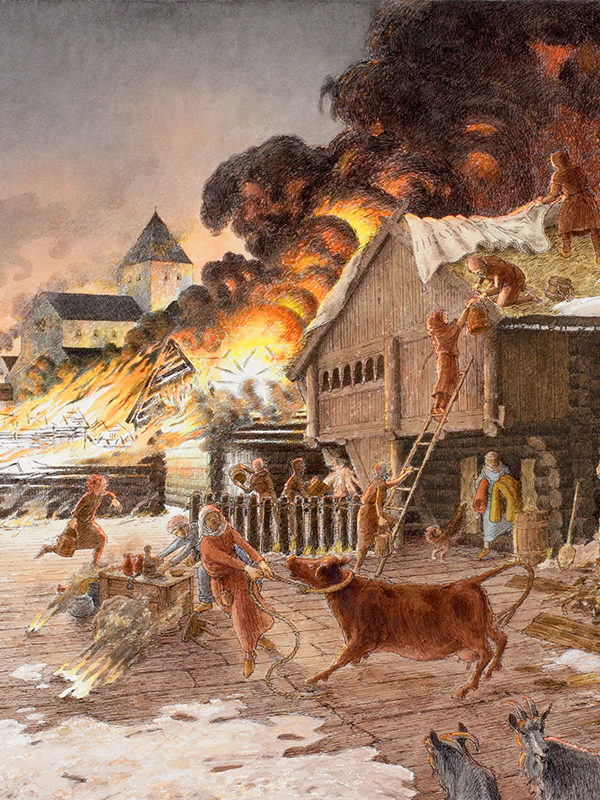 Illustrasjon av brann. Keller_Schia. Kulturminnebilder.