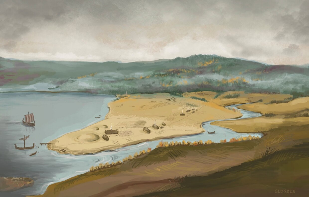 En illustrasjon av båtgraven på Øra, sett fra Ekeberg. Illustrasjonen viser båtgravens beliggenhet på sletta mellom Alnaelva og Oslofjorden i vikingtiden. Gårdene er spor etter faktisk bosetning og veifarene er de som senere ble middelalderbyens allmenninger og streter.